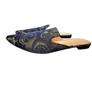 Franco Sarto Black and Gold Patterned Mules